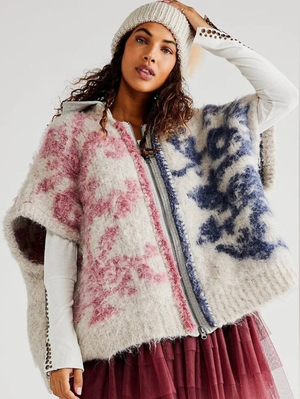 Free People Rare Thing Knit Poncho - Ivory Combo - Size XS/S